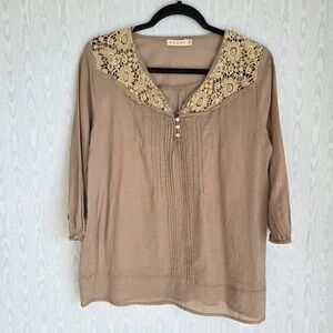Dagny Womens Top Small Cotton Beige Crochet Pintuck Boho Cottage Fairy Grunge